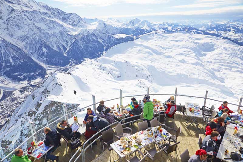 View over a high altitude panoramic restaurant terrace in Chamonix
