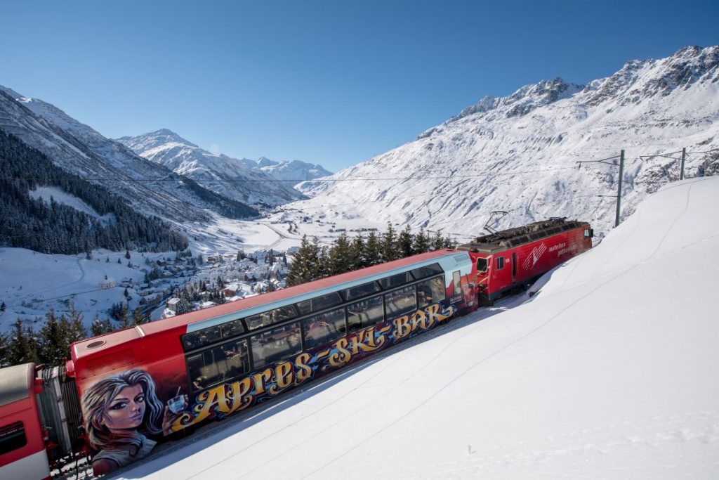 Ski bucket list@ the après-ski train in Andermatt, Switzerland