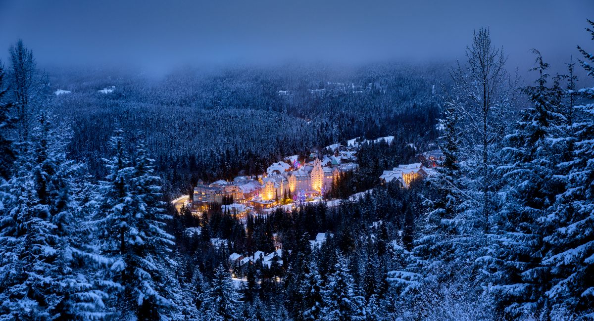 Fairmont Chateau Whistler - exterior snowy view of the hotel entrance